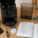 Réinitialiser machine à café Krups à grain EA81, vue dessus pièces et manuel