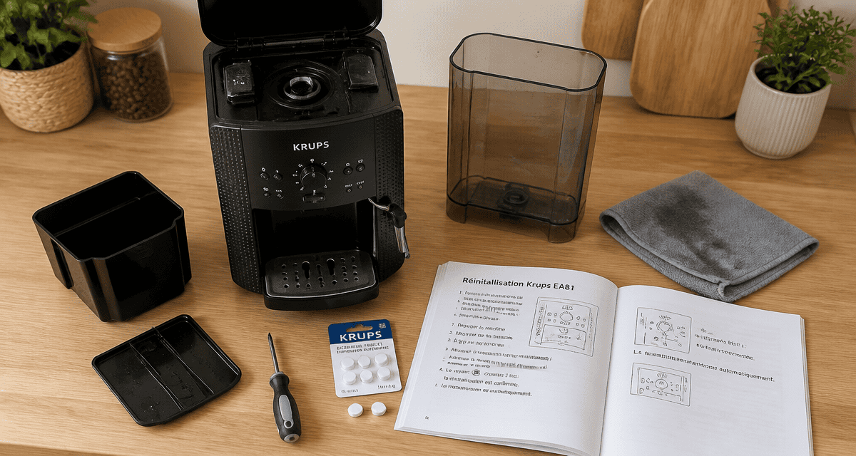 Réinitialiser machine à café Krups à grain EA81, vue dessus pièces et manuel