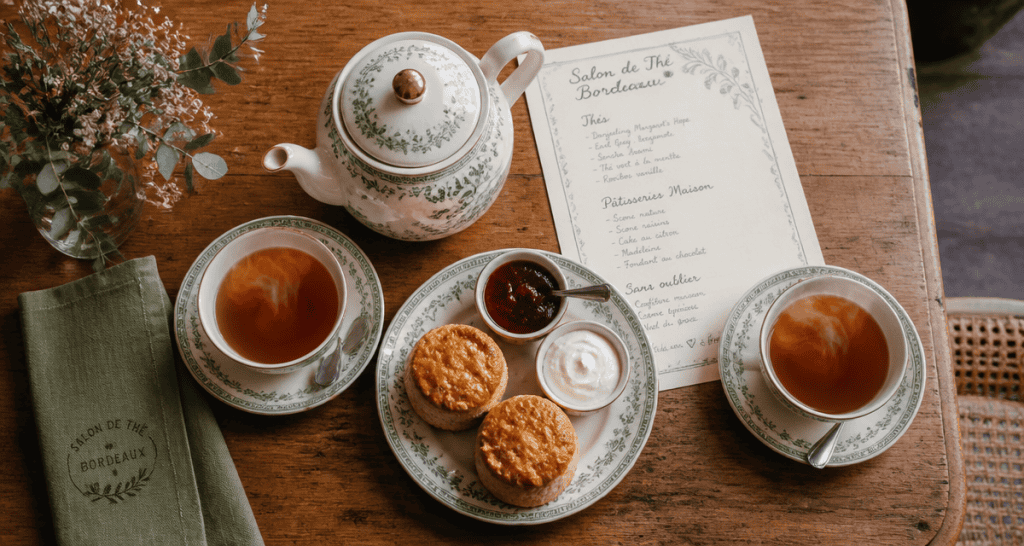 Salon de thé Bordeaux table avec thé et scones