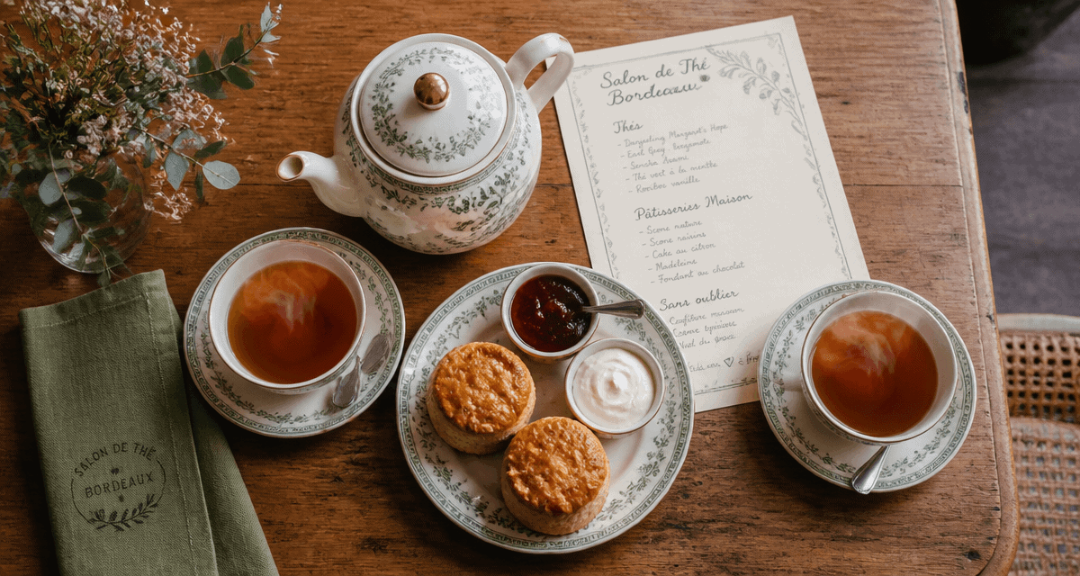 Salon de thé Bordeaux table avec thé et scones