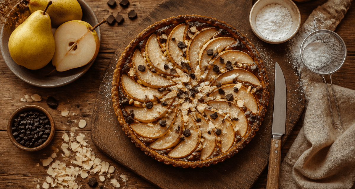 tarte poire chocolat cyril lignac sur planche rustique
