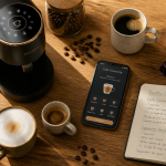 cafetiere connectee moderne avec smartphone et cafe