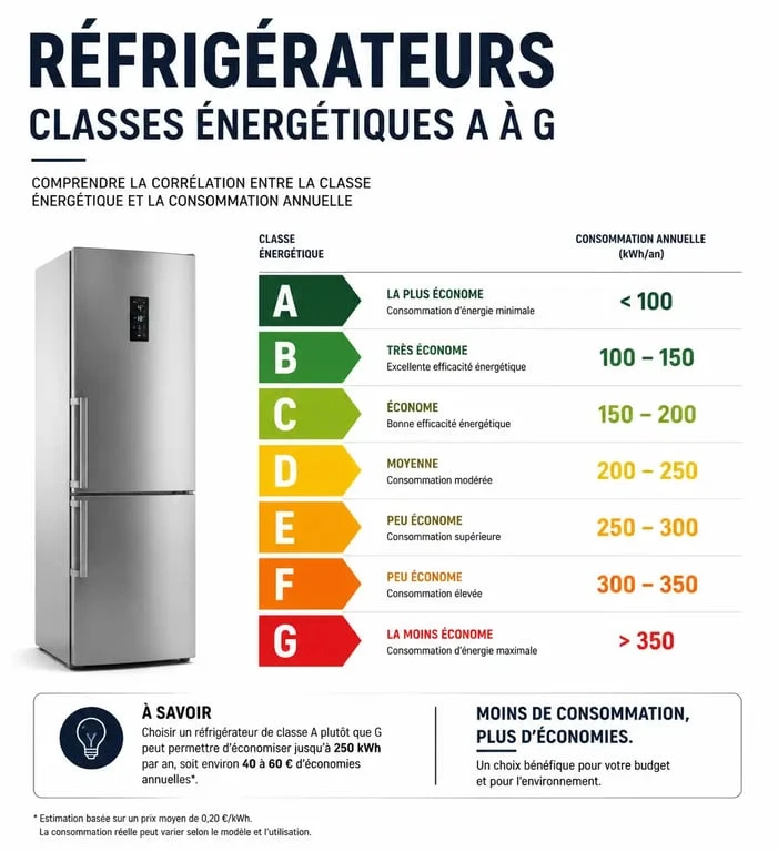 Infographie comparative des classes énergétiques pour réfrigérateur congélateur