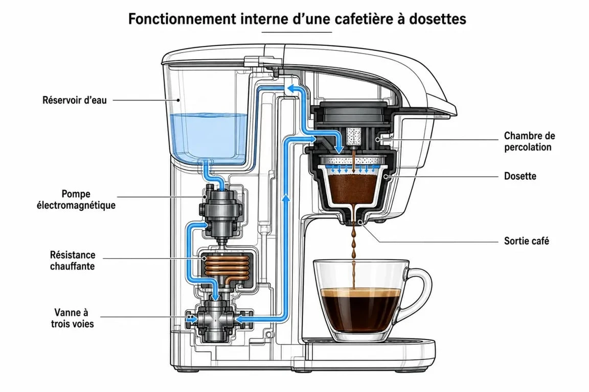 Schéma explicatif du fonctionnement interne d'une cafetière Senseo