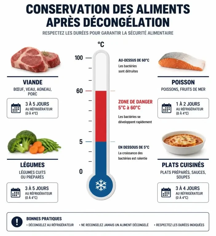Infographie sur la durée de conservation des produits décongelés au réfrigérateur et les règles de sécurité alimentaire.