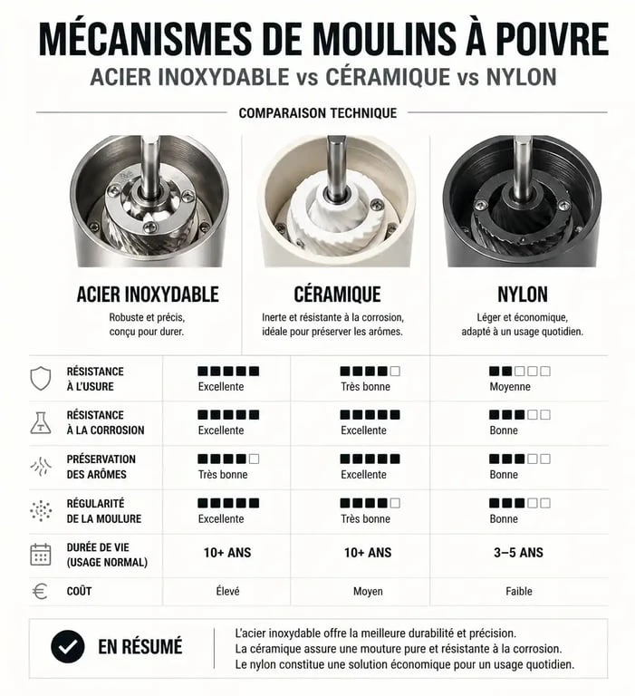 Comparatif des mécanismes de moulin à poivre : acier, céramique et nylon pour choisir le meilleur équipement.