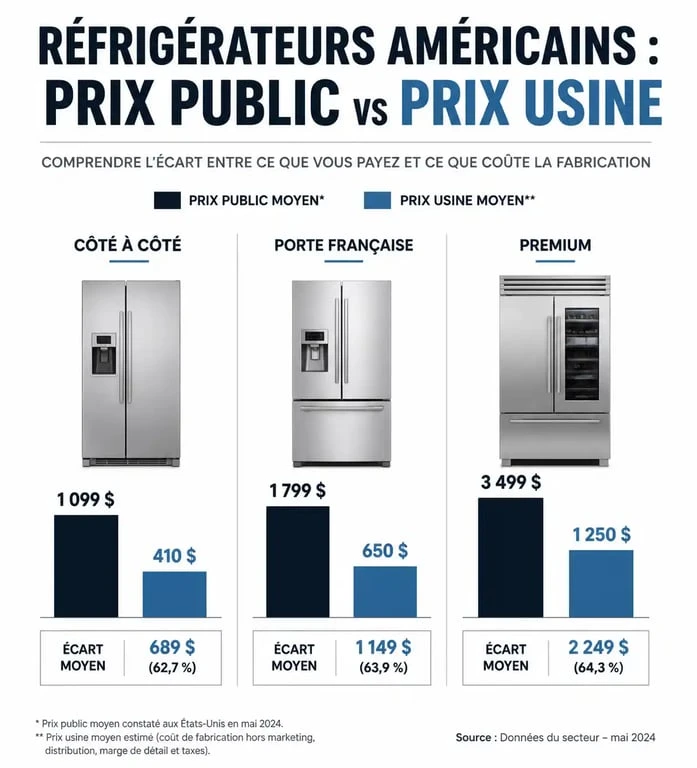 Comparatif des prix public et prix usine pour un frigo américain