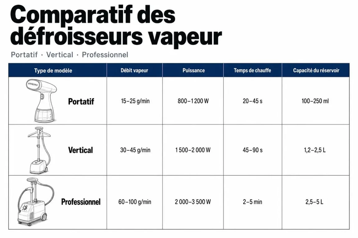 Tableau comparatif des caractéristiques techniques pour choisir le meilleur défroisseur vapeur selon vos besoins