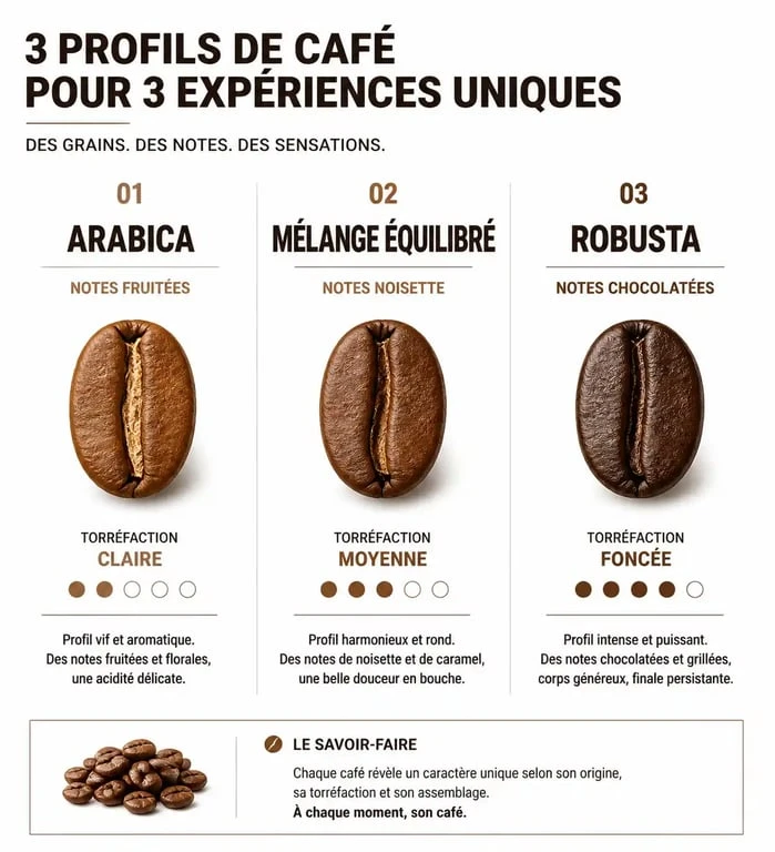 Infographie comparative des profils de meilleur café en grain 1kg pour aider au choix de la torréfaction et de l'assemblage.
