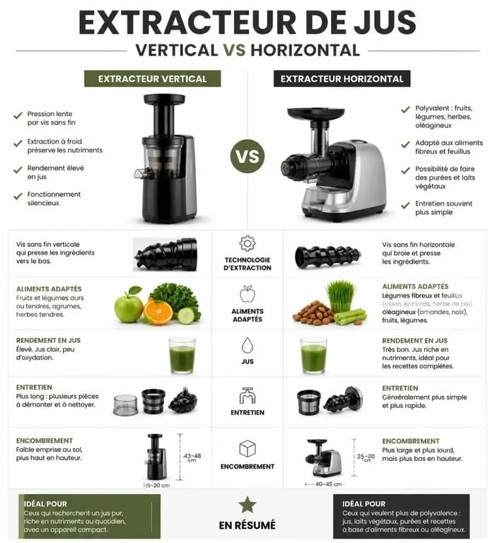Comparatif des types d'extracteurs de jus 2024 : vertical vs horizontal pour choisir le meilleur extracteur de jus.