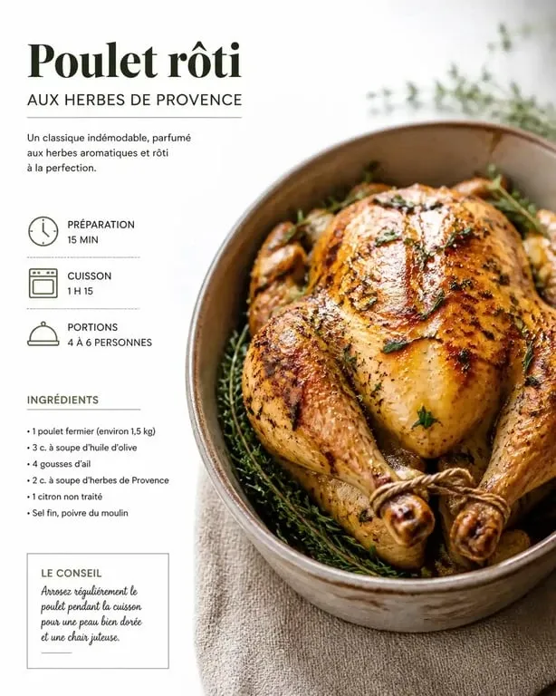 Poulet rôti aux herbes de Provence doré et croustillant dans un plat en céramique