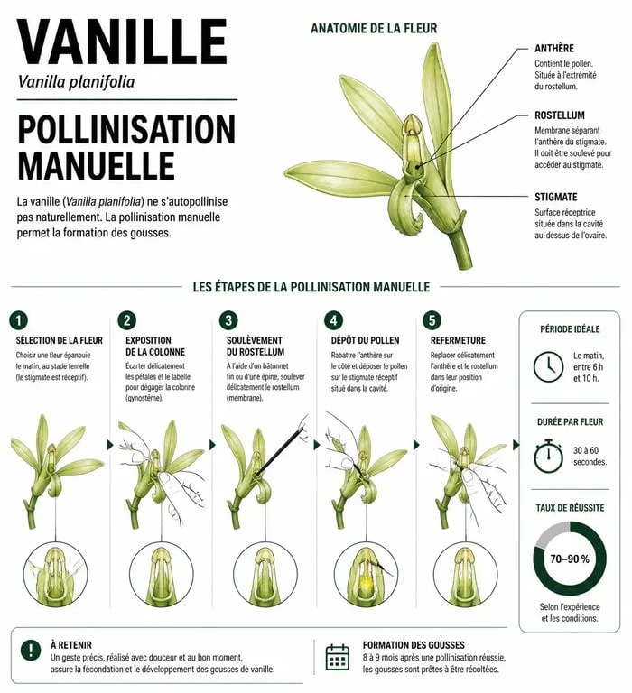 Infographie expliquant la pollinisation manuelle de la Vanilla planifolia