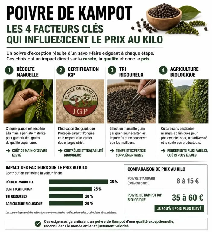 Infographie explicative des facteurs influençant le prix au kilo du poivre de Kampot IGP