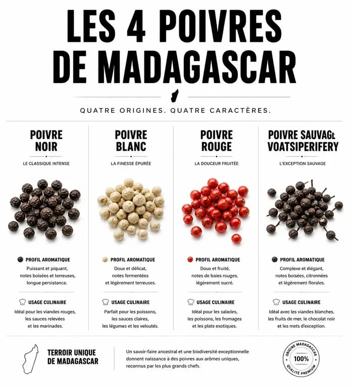 Infographie comparative des variétés de poivre de Madagascar : noir, blanc, rouge et Voatsiperifery