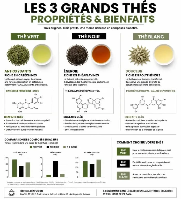 Infographie comparative des bienfaits santé du thé vert, thé noir et thé blanc pour choisir le meilleur thé selon ses besoins