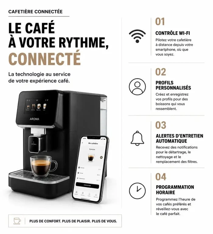 Infographie des fonctionnalités clés d'une cafetière connectée pour une meilleure expérience café
