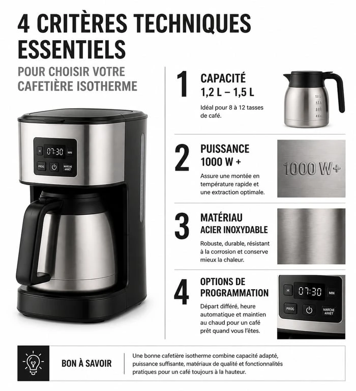 Infographie des critères de sélection pour la meilleure cafetière isotherme : capacité, puissance, matériau et programmation.