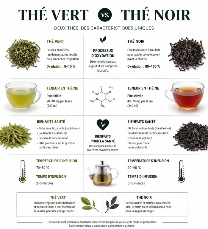 Infographie comparative des bienfaits et caractéristiques du thé noir ou vert