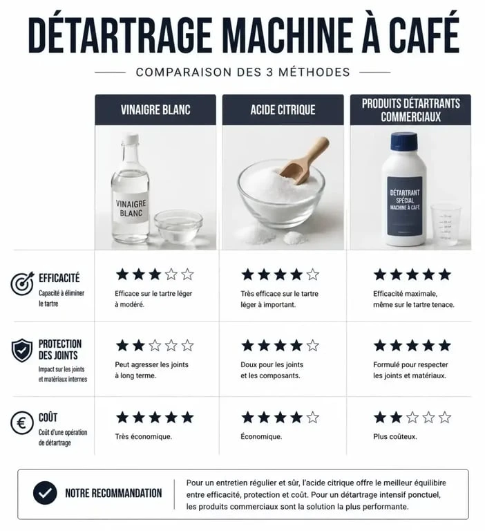 Tableau comparatif des méthodes pour détartrer une machine à café : vinaigre blanc, acide citrique et produits spécifiques.
