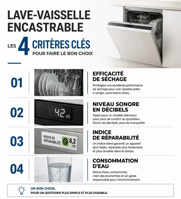 Infographie des critères de choix pour un lave-vaisselle encastrable selon 60 Millions de consommateurs