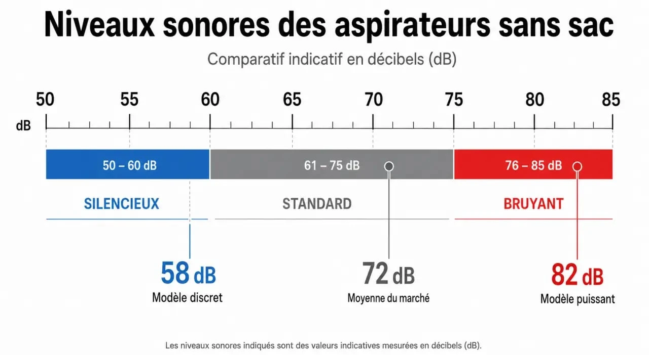 Infographie comparative des niveaux sonores pour choisir le meilleur aspirateur sans sac