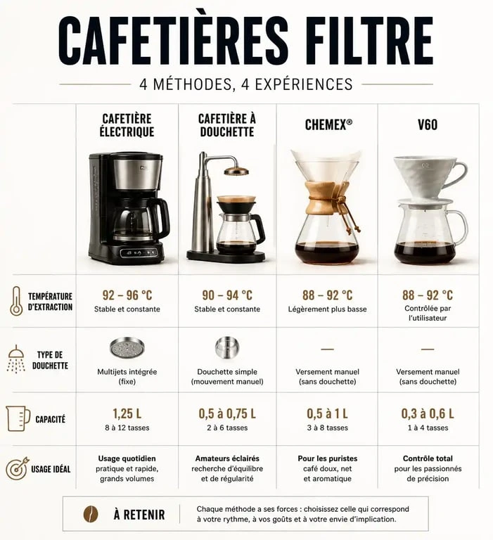 Infographie comparative des meilleures cafetières filtre : critères de choix et modèles recommandés pour une extraction parfaite.