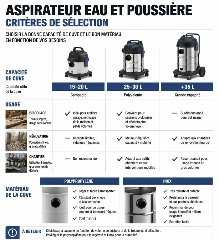 Infographie des critères de sélection pour le meilleur aspirateur eau et poussière selon l'usage et la capacité de la cuve