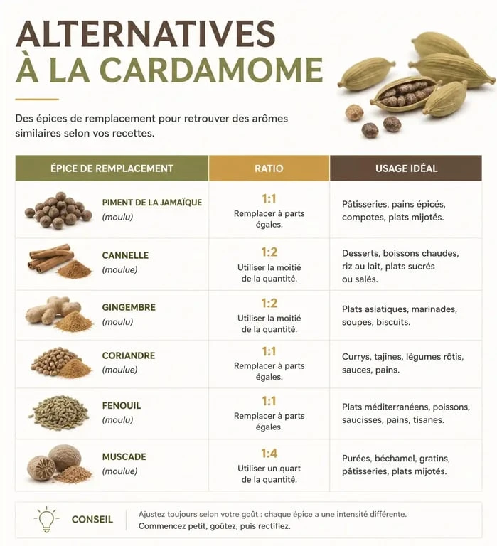 Tableau comparatif des alternatives à la cardamome pour remplacer cette épice dans vos recettes
