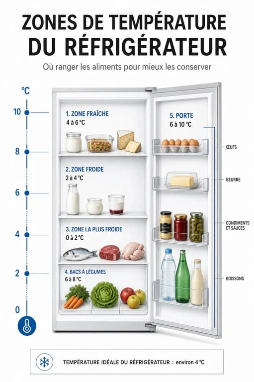 Infographie des zones de rangement pour bien ranger son frigo et optimiser la conservation des aliments