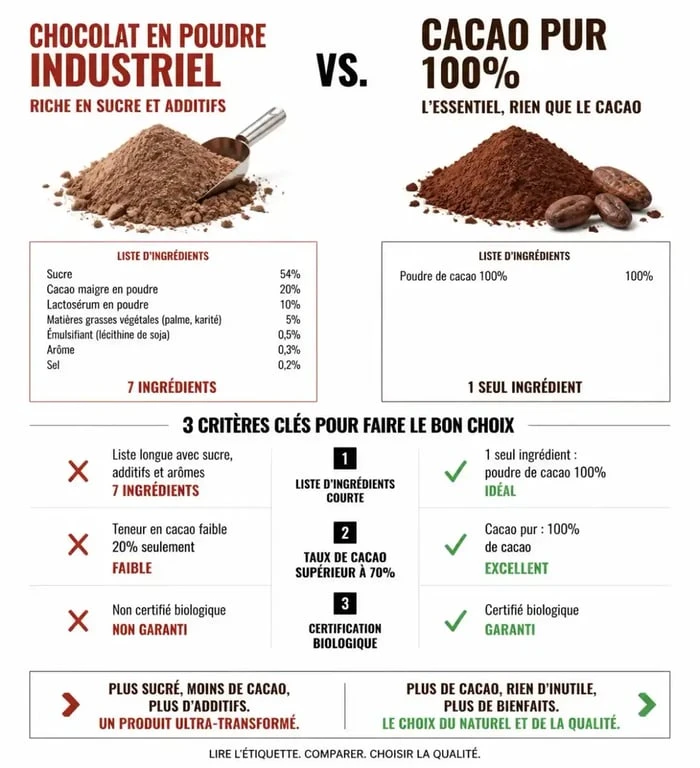 Infographie comparative pour choisir le meilleur chocolat en poudre selon Yuka : critères de qualité nutritionnelle