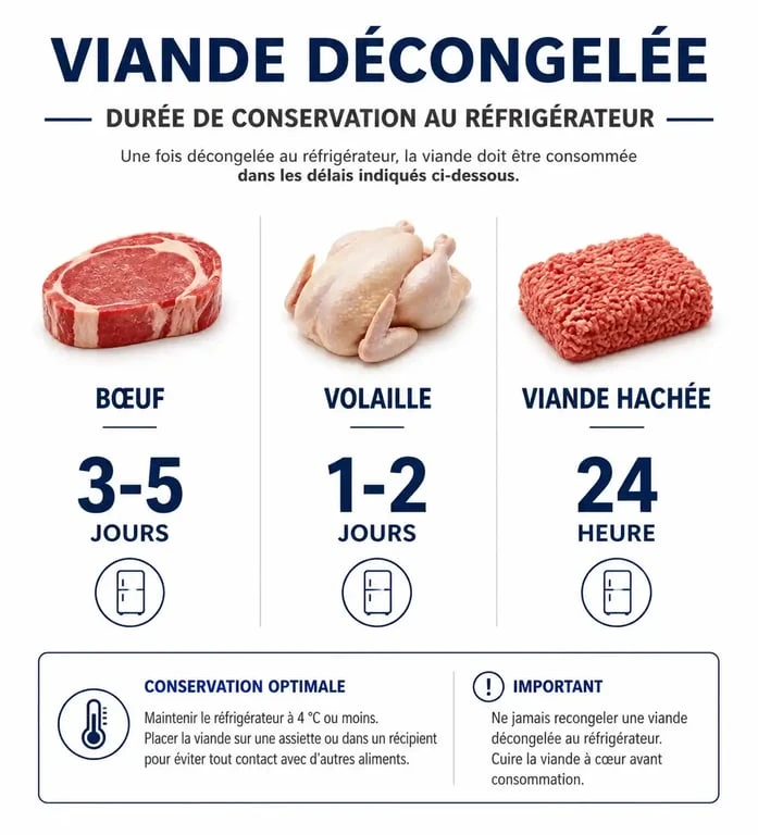 Infographie des durées de conservation de la viande décongelée au réfrigérateur selon le type de viande