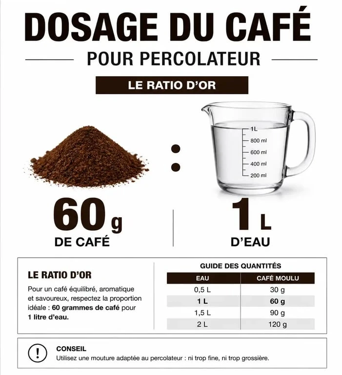 Infographie sur le dosage du café dans un percolateur : 60g par litre d'eau pour un résultat optimal.