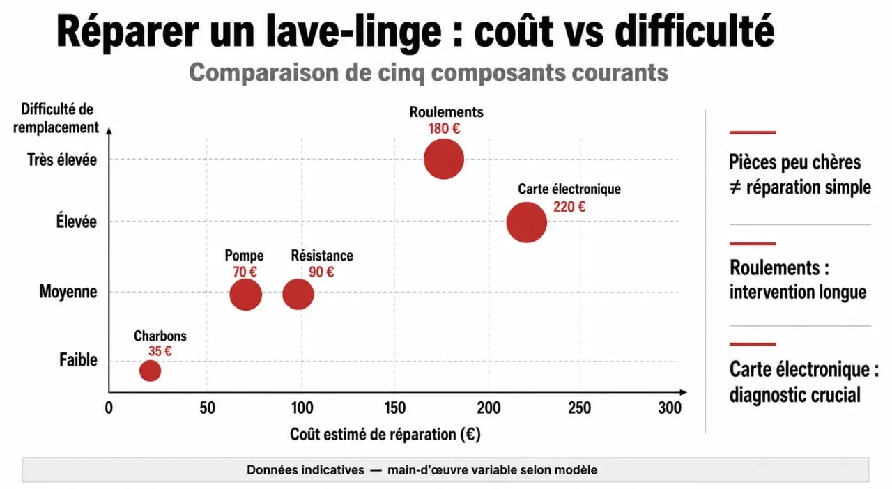Infographie sur le coût et la difficulté de réparation des composants d'une machine à laver pour prolonger sa durée de vie.