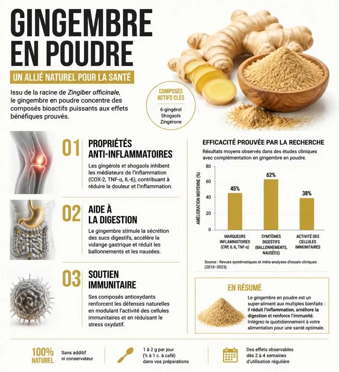 Infographie illustrant les bienfaits et propriétés santé du gingembre en poudre