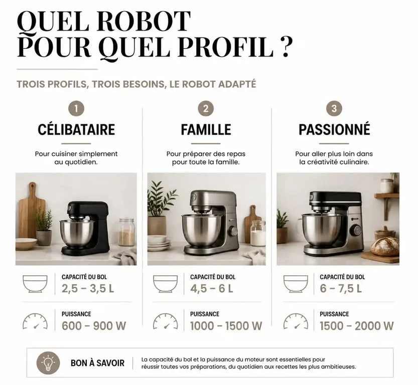 Infographie comparative pour choisir le meilleur robot de cuisine selon son profil d'utilisation