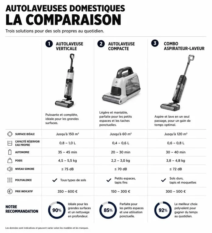 Comparatif des types d'autolaveuses pour particulier : verticale, compacte et combo aspirateur-laveur pour trouver la meilleure solution de nettoyage.