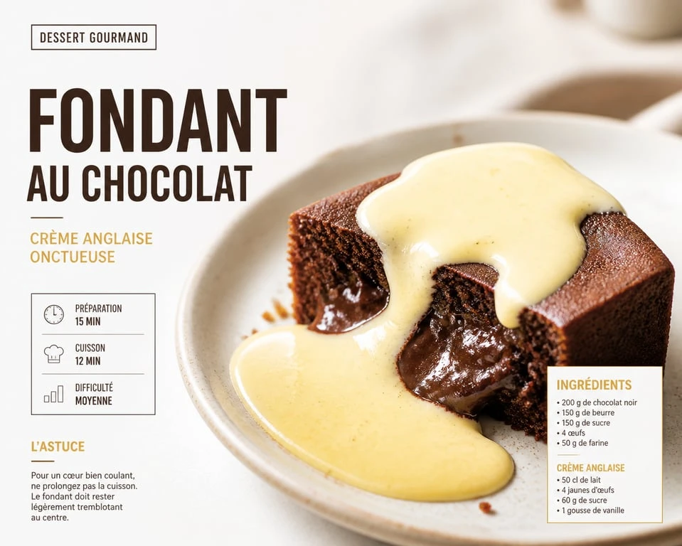 Gâteau au chocolat fondant accompagné de sa crème anglaise onctueuse