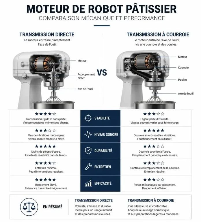 Comparatif technique des moteurs de robots pâtissiers : transmission directe vs courroie pour bien choisir son robot pâtissier
