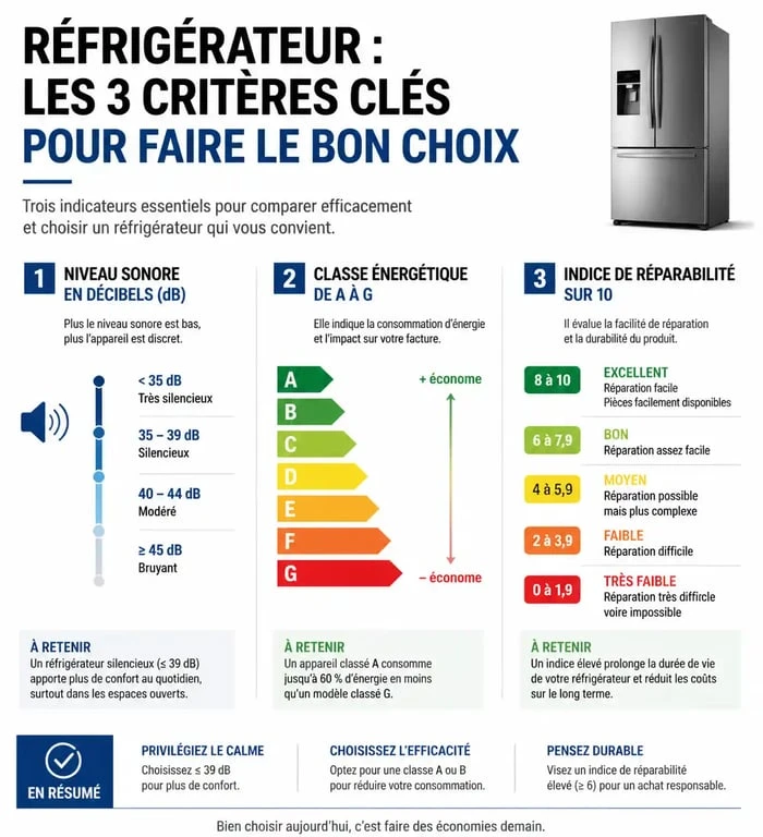 Infographie des critères de choix pour la meilleure marque de réfrigérateur : fiabilité, énergie et réparabilité