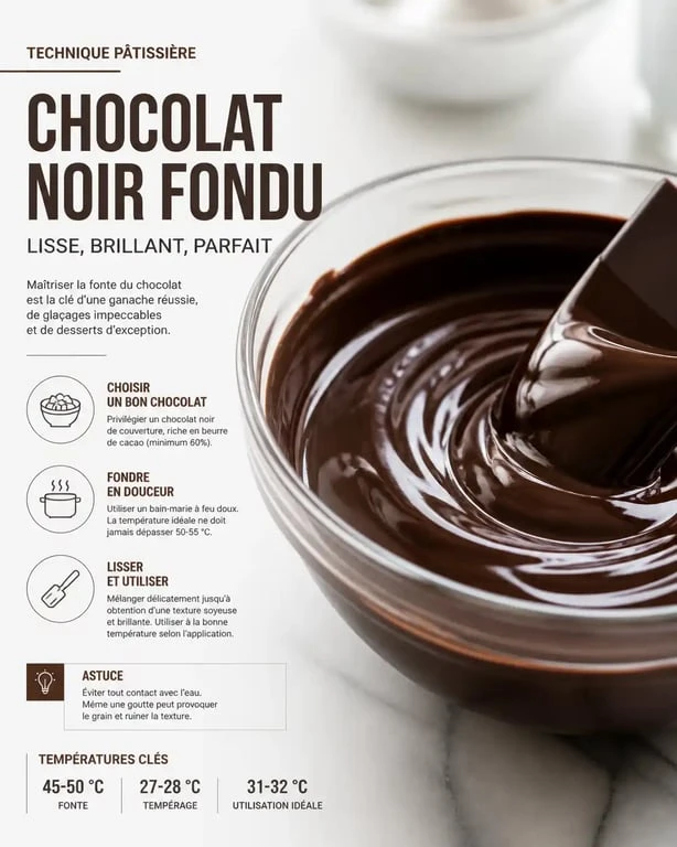 Chocolat fondu au micro-ondes dans un bol en verre pour une texture lisse et brillante