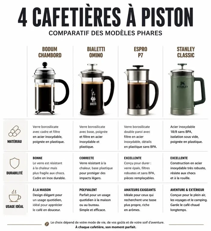 Comparatif des meilleures cafetières à piston : Bodum, Bialetti, Espro et Stanley