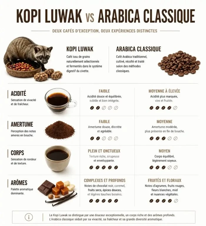 Infographie comparative entre le café Kopi Luwak et l'Arabica classique