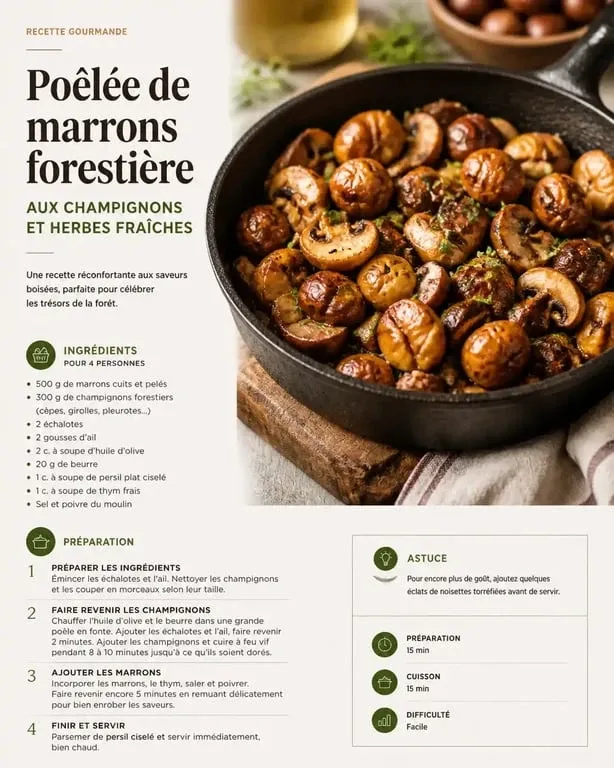 Poêlée de marrons forestière aux champignons et herbes fraîches, une recette de marrons savoureuse et automnale.