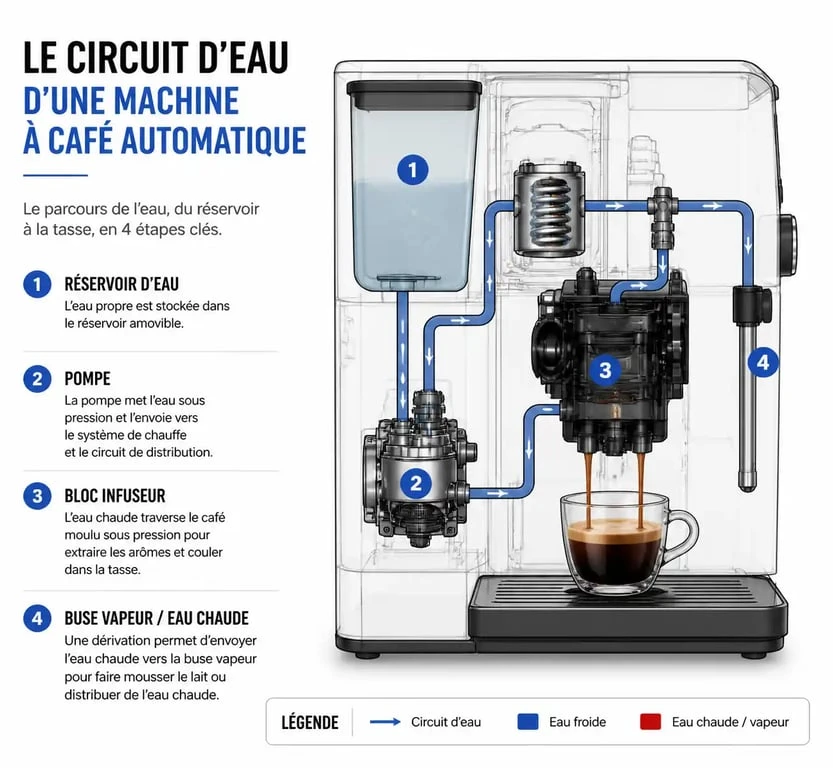 Schéma explicatif du fonctionnement interne d'une machine à café Delonghi pour diagnostiquer une panne de débit