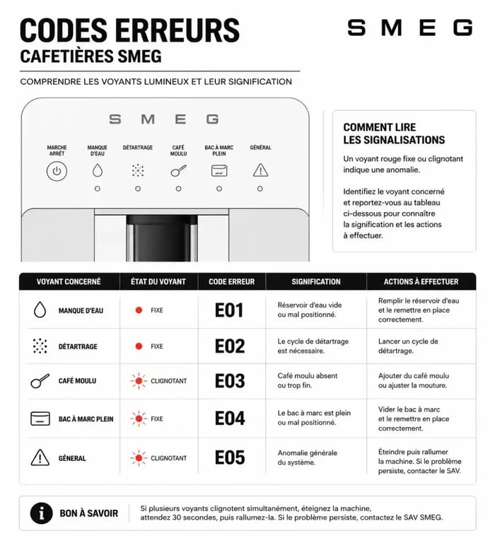 Schéma des codes erreurs et problèmes de cafetière Smeg pour diagnostic rapide