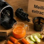 Meilleur extracteur de jus 2024, extracteur à pression à froid sur table avec jus orange
