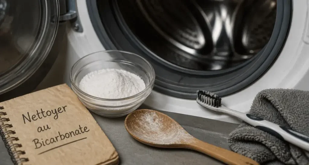 Nettoyer machine à laver bicarbonate de soude, bol de bicarbonate et chiffon devant le lave-linge