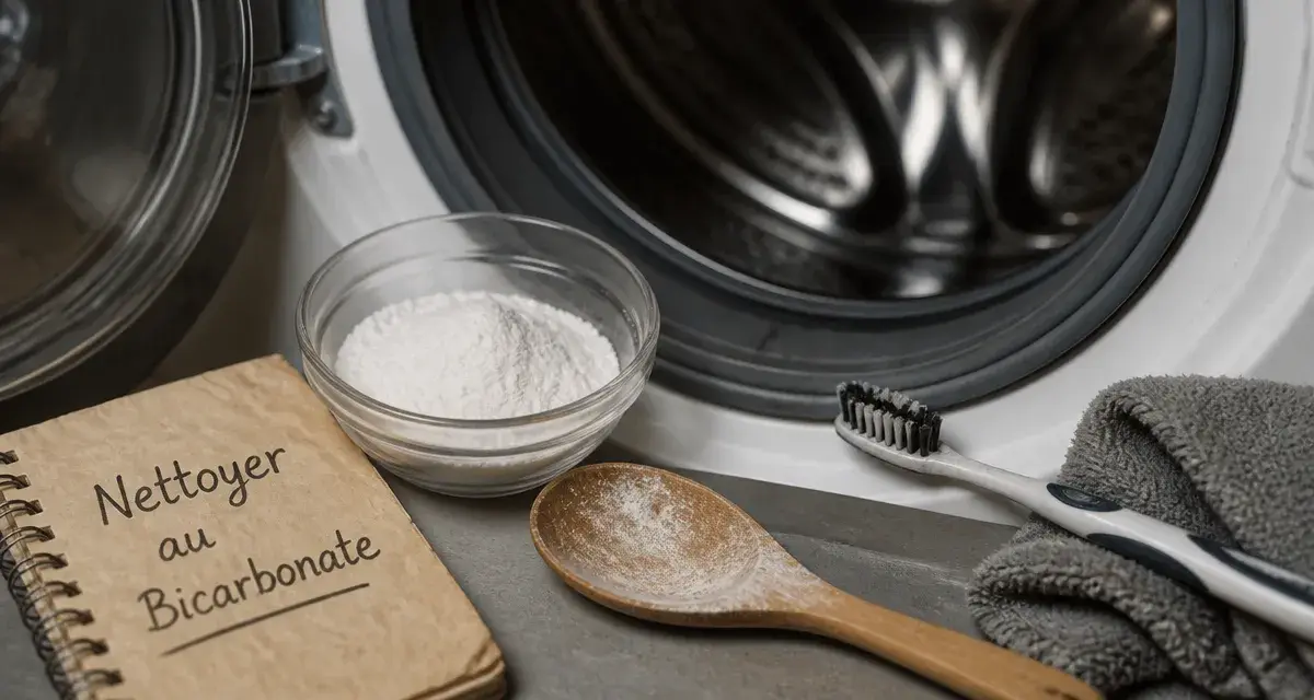 Nettoyer machine à laver bicarbonate de soude, bol de bicarbonate et chiffon devant le lave-linge