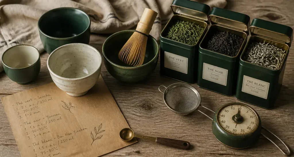Quel est le meilleur thé ? tasses de thé vert, noir et matcha