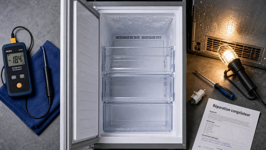 Réparation congélateur : diagnostic pannes, congélateur ouvert avec givre et ventilation humide